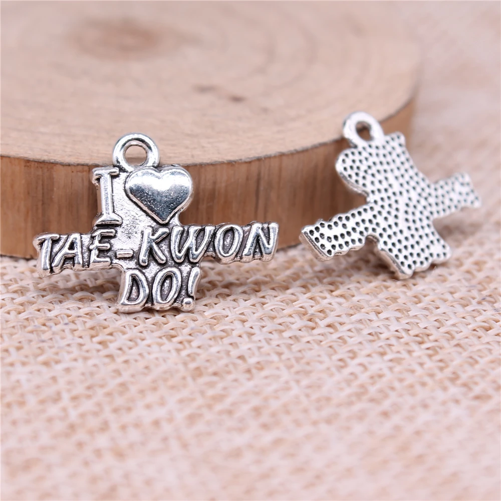 

Подвески I Love Tae-Kwon-Do для изготовления ювелирных изделий, искусственная фурнитура, 20 шт., античное серебро, цвет 22x17 мм