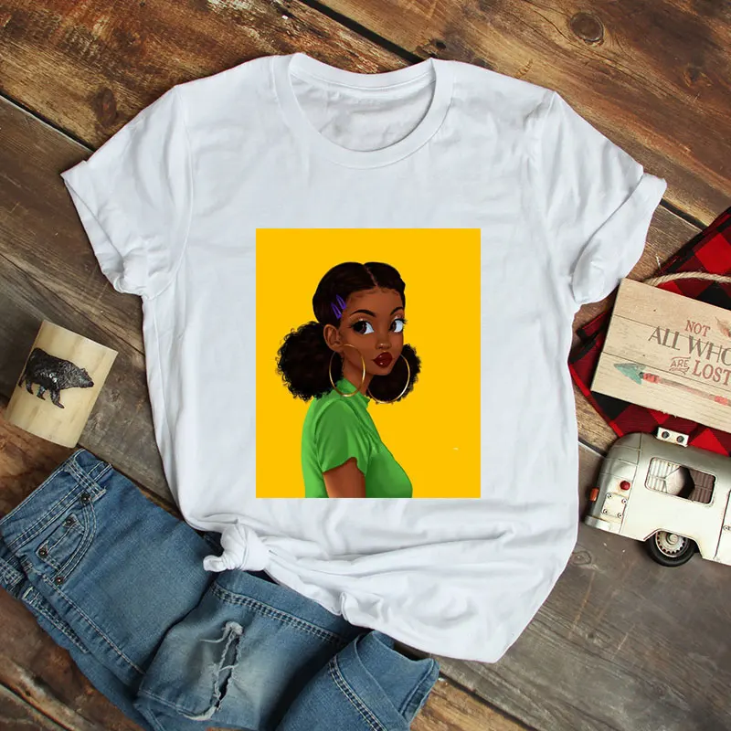 

Melanin Poppin Streetwear T Shirt Women Black African Curly Hair Girl Graphic Tshirt Female Tumblr Clothes Vogue Tee Shirt Femme