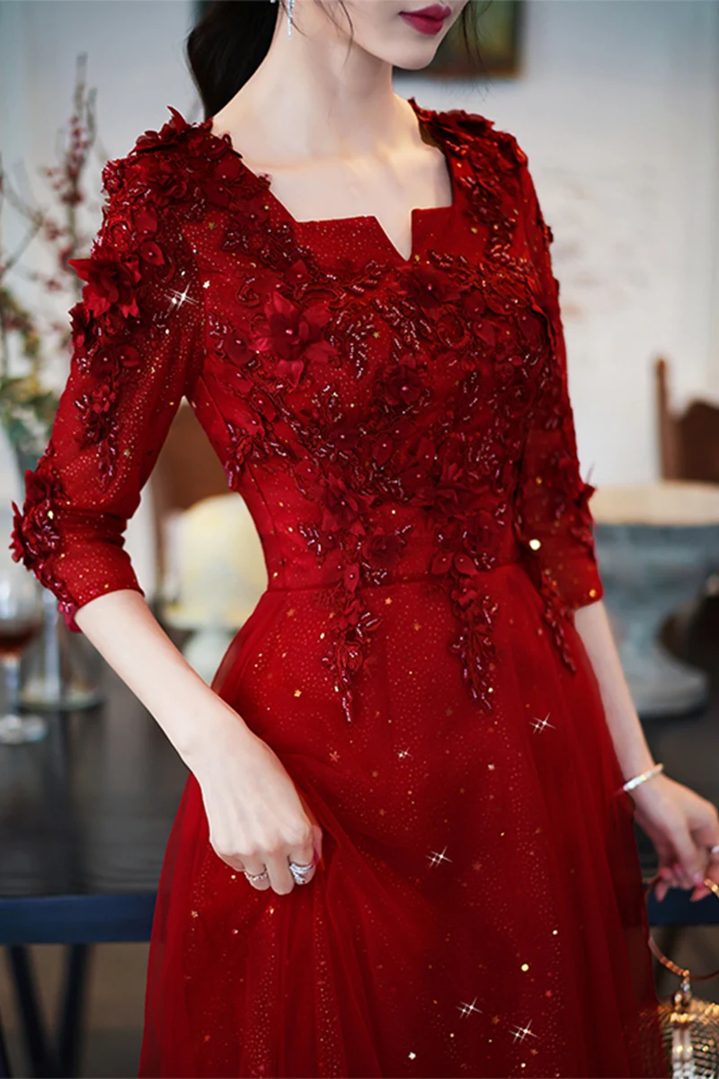Wine Red Modest Evening Dresses With 3/4 Sleeves 2021 Luxury Appliques A-line Floor-length Women Formal Gowns For Wedding Party