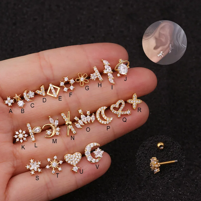 

1Pc Stainless Steel Cartilage Earring Women Fashion CZ Dainty Ear Tragus Conch Screw Back Stud Earring Helix Piercing Jewelry
