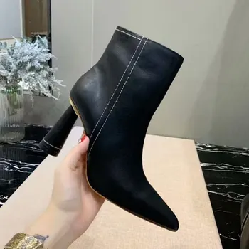 

2019 New Fashion Luxury Boots Women Designers Genuine Leather Zip Pointed Toe Strange Style Super High (8cm-up) Women Boots