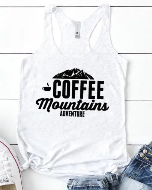 white - black text Жилет кофейные горы Adventure Tank топы Стильный лозунг письмо Горы Печатные Racerback топы Кемпинг гранж жилет нижняя рубашка - Цвет: white - black text