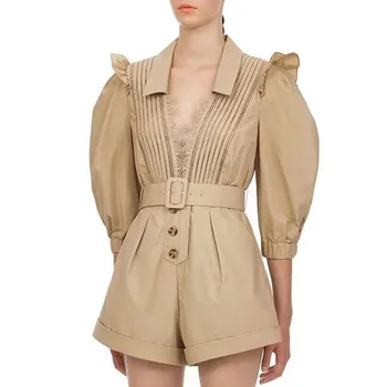 

Summer 2020 New Style Temperament V Neck Flruffled Lace Stitching High Waist Belt Jumpsuit Wide Leg Shorts Woman