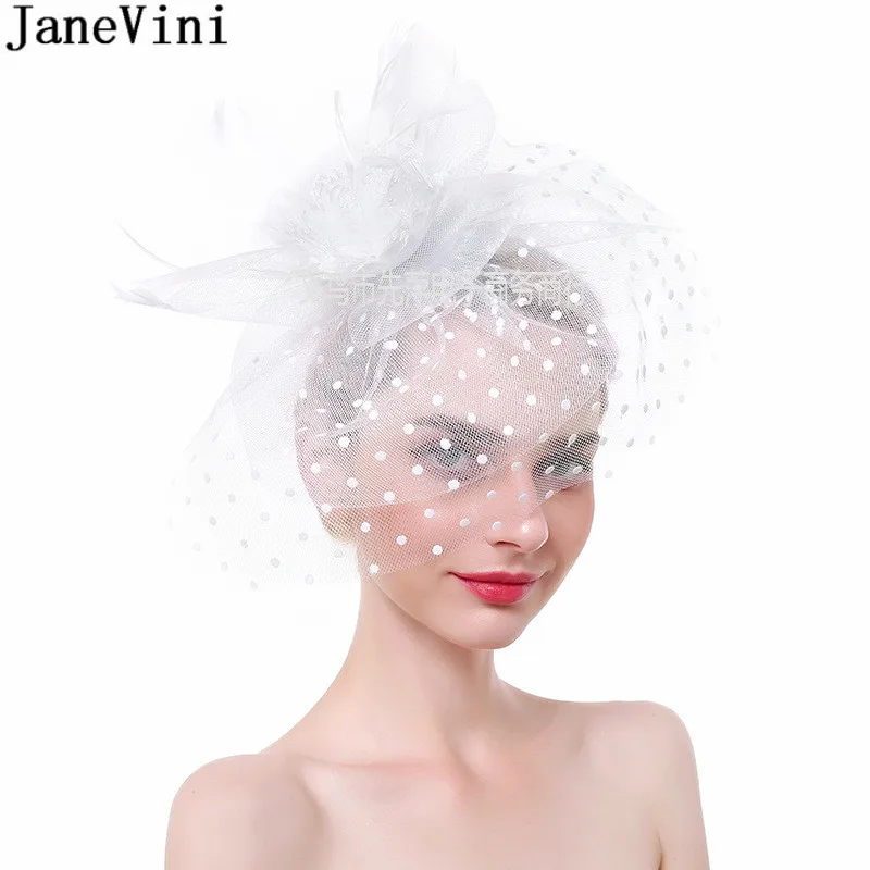 JaneVini Wedding Haarschmuck White Fascinator Feather Flower Bridal Hat with Veil Short 2021 Blue Wedding Hats for Women Elegant birdcage veil with pearls wedding bandeau veil small birdcage veil blush fascinator