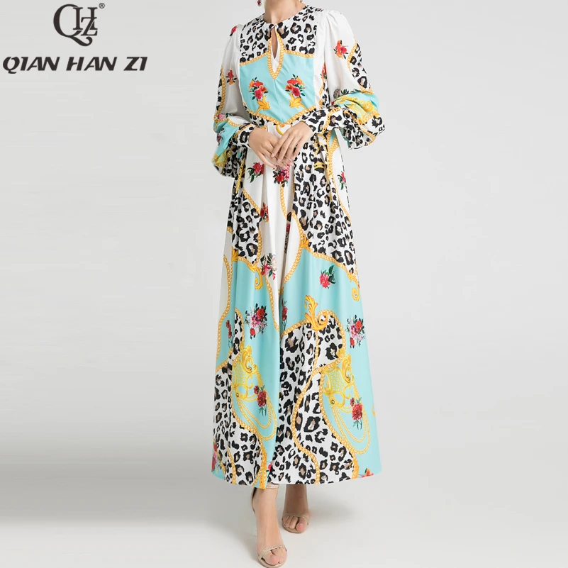 

Qian Han Zi 2019 Designer Fashion Autumn Maxi Dress Women's Lantern Sleeve Flower Leopard Print Casual Long Beach Dress