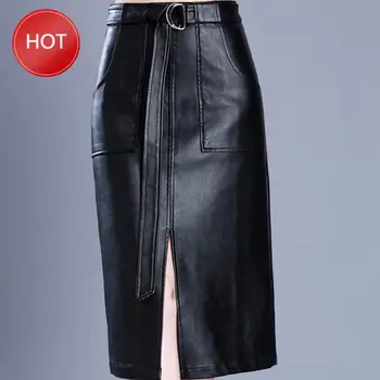 

Long skirt Women Pu Leather Skirt plus size 5xl Autumn Casual Office Work split High Waist