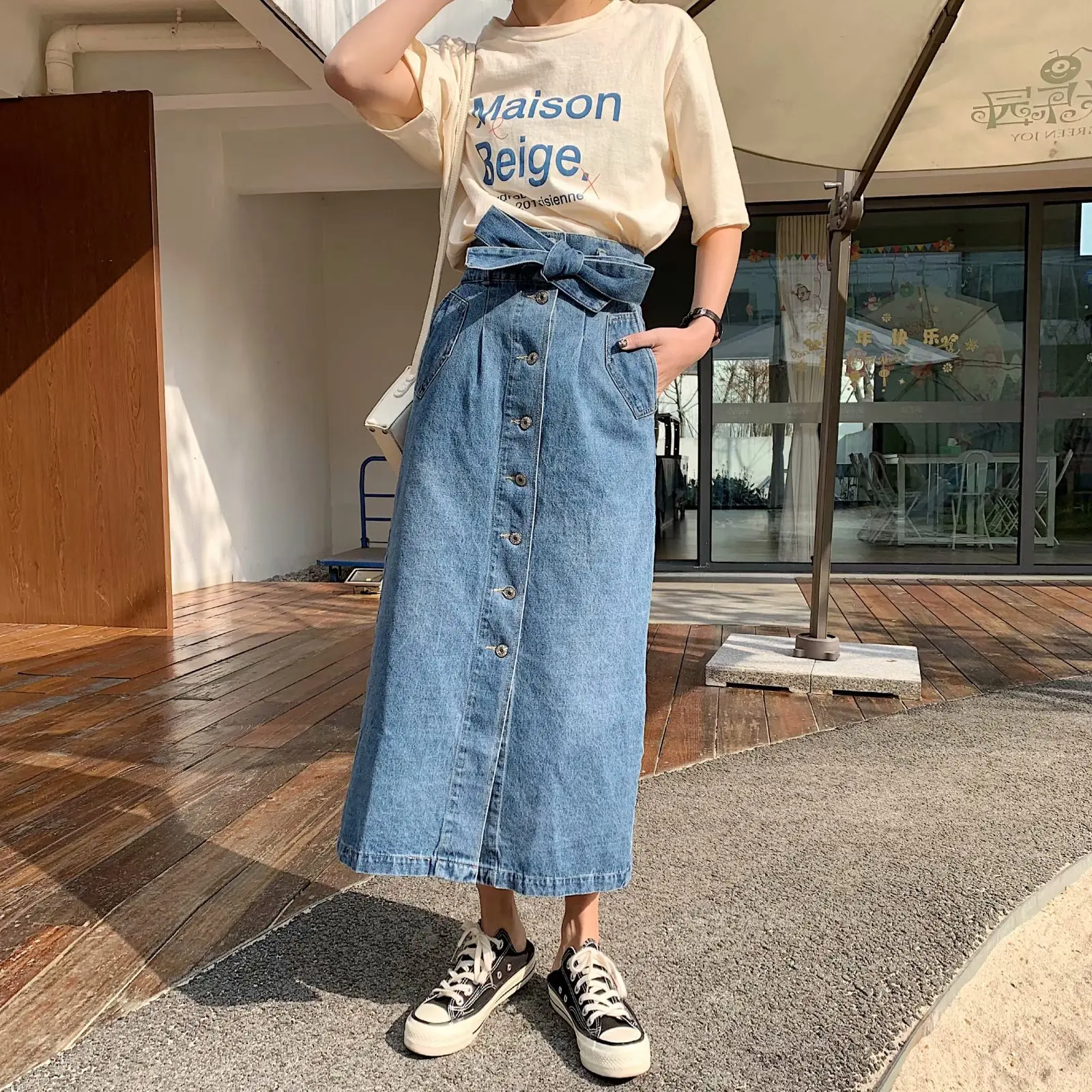 

2019 Spring And Summer New Products-Style Belt Single Breasted High Waist Skirt Women's Versatile Cowboy Medium-length Dress Fas