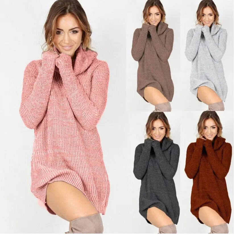 

Autumn Spring Winter Women Casual Turtleneck Pullover Long Knitted Oversize Long Sleeve Thin Sweaters Dresses dress for women