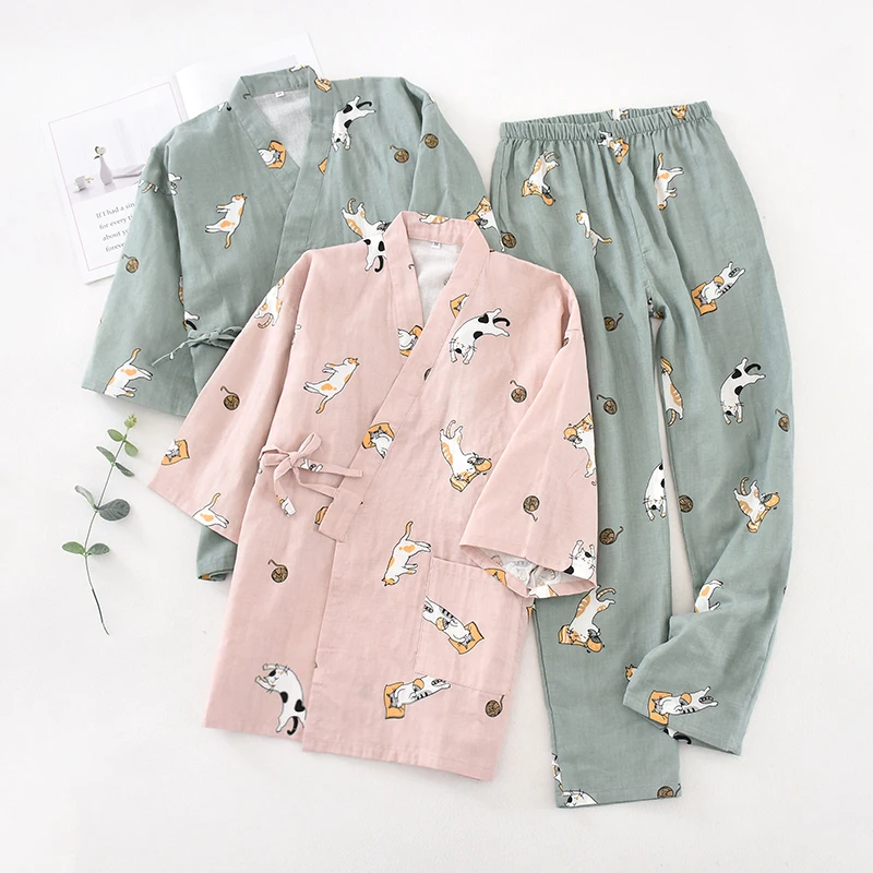 

Japanese-Style Couple Pajamas Spring and Autumn Men and Women Pajama Encryption Pure Cotton Gauze Kimono Home Clothes