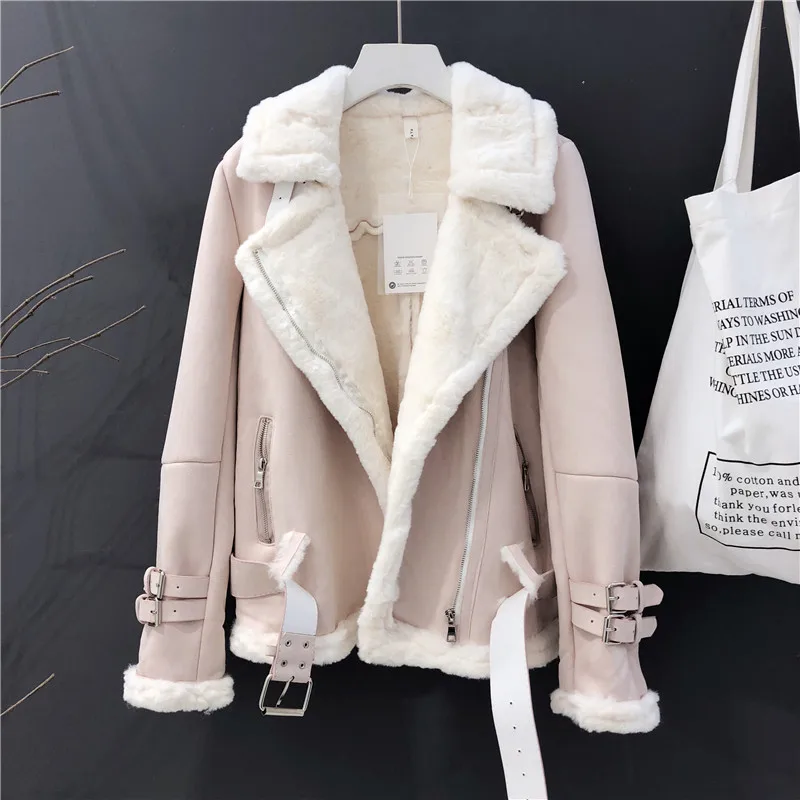 Женская зимняя замшевая куртка, модное плотное теплое мотоциклетное кожаное пальто для женщин, Короткая свободная куртка, пальто, уличная одежда
