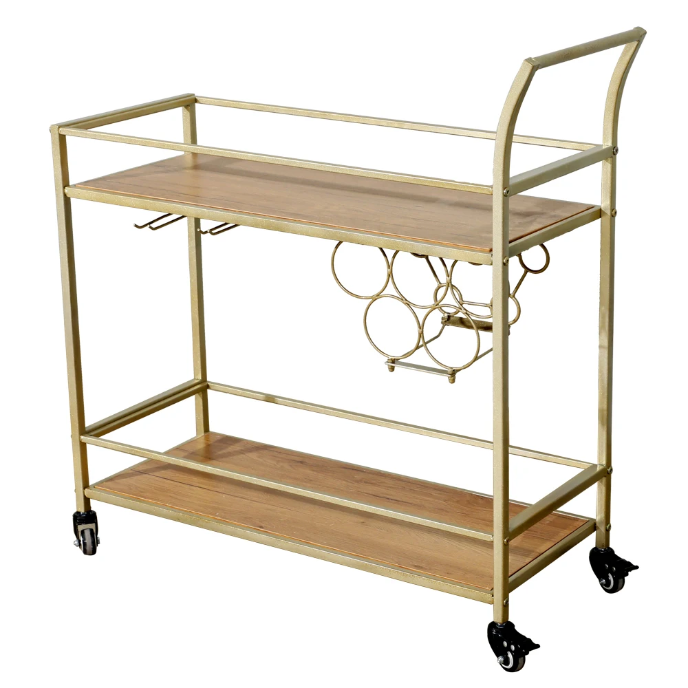 

Bar Serving Cart Dining Car Storage 2-Layer Gold Metal Frame Wooden Top Shelf with Wine Rack & Armrest 76x31x82.5CM[US-Stock]