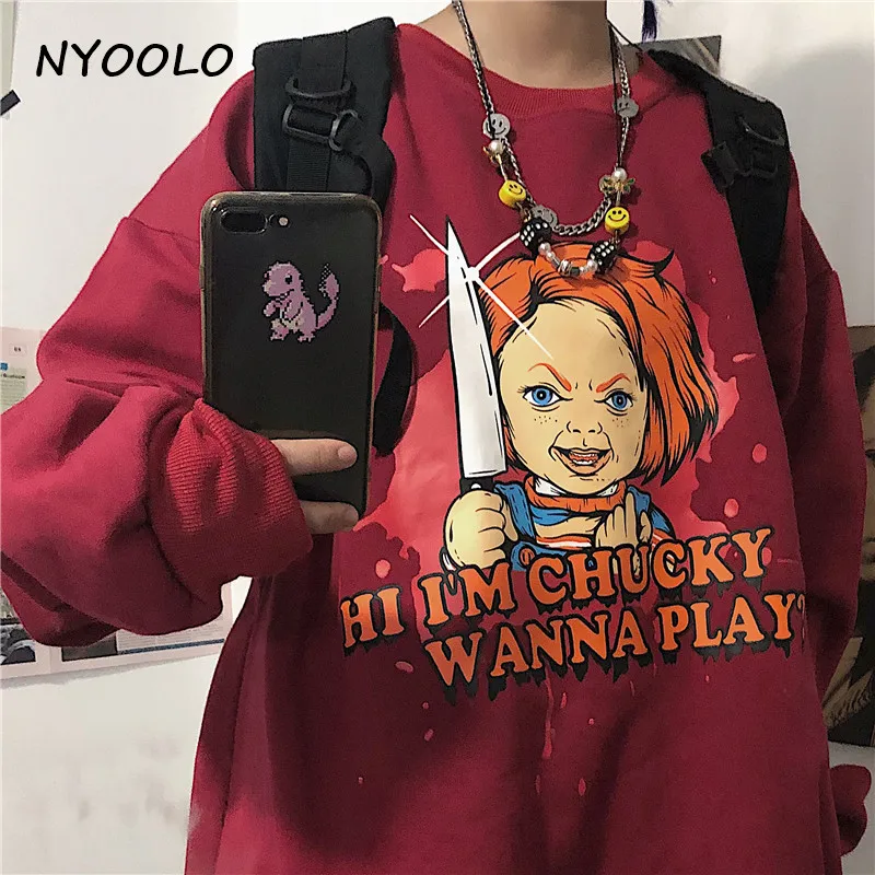 NYOOLO Harajuku стиль мультфильм Чаки буквы печати теплая толстовка осень зима o-образным вырезом пуловер плюс бархат толстовка для женщин и мужчин