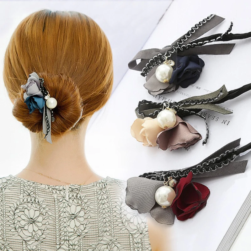 

Flower Donut Bun Maker Big Pearl Ribbon DIY Hair Style Tools Hair Accessories Hair Ropes