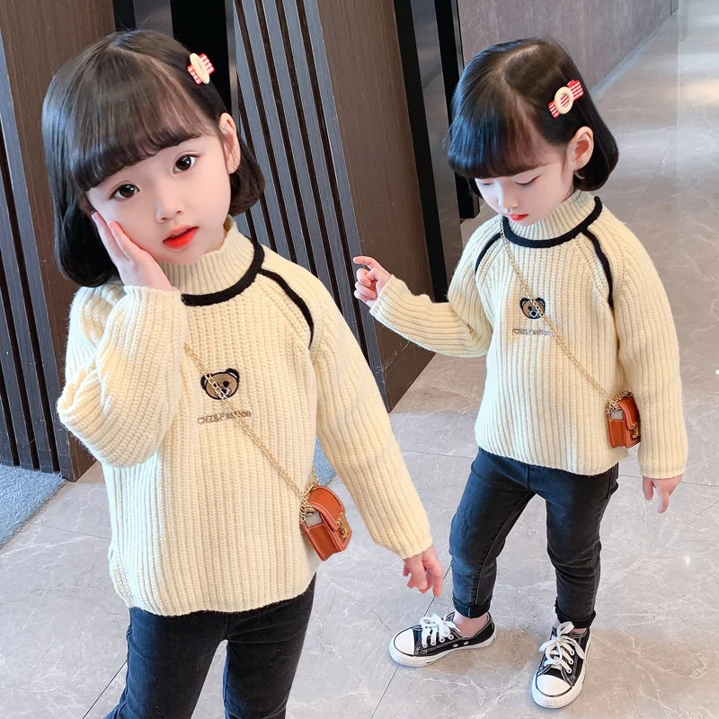 

Girls Boys Sweater Kids Coat Outwear 2022 Beige Plus Velvet Thicken Warm Spring Autumn Knitting Wool Cotton Tops Teen Children's