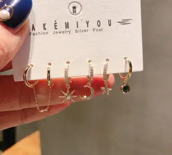 

Moon Star Women Asymmetric Pentagram Planetary Ins Lightning Rhinestone 6-Piece Small Stud Earrings
