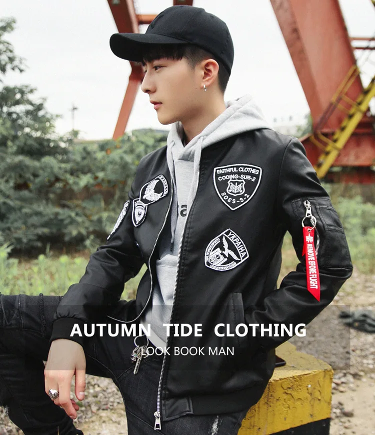 AliExpress осеннее мужское локомотивное кожаное пальто Pu корейский стиль Slim Fit Куртка Пилота тренд вышитая мужская одежда