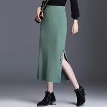 Женская юбка, новинка, Осень-зима, Вязанная, одноцветная, винтажная, модная, для девушек, повседневная, дикая, Джокер, тонкая, карандаш, с высокой талией, юбка