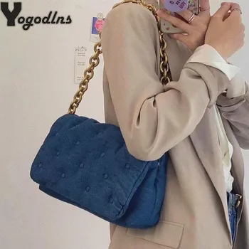 

Designer Thick Chain Handbags Women's Bag 2020 Luxury Blue Retro Denim Messenger Bags Female Armpit Shoulder Bag Clutch Purses