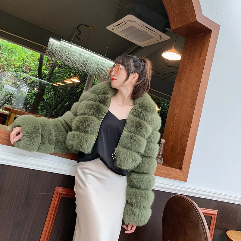 new style real fur coat female winter warm short outerwear zipper up cloth natural fox fur jacket with fur collar