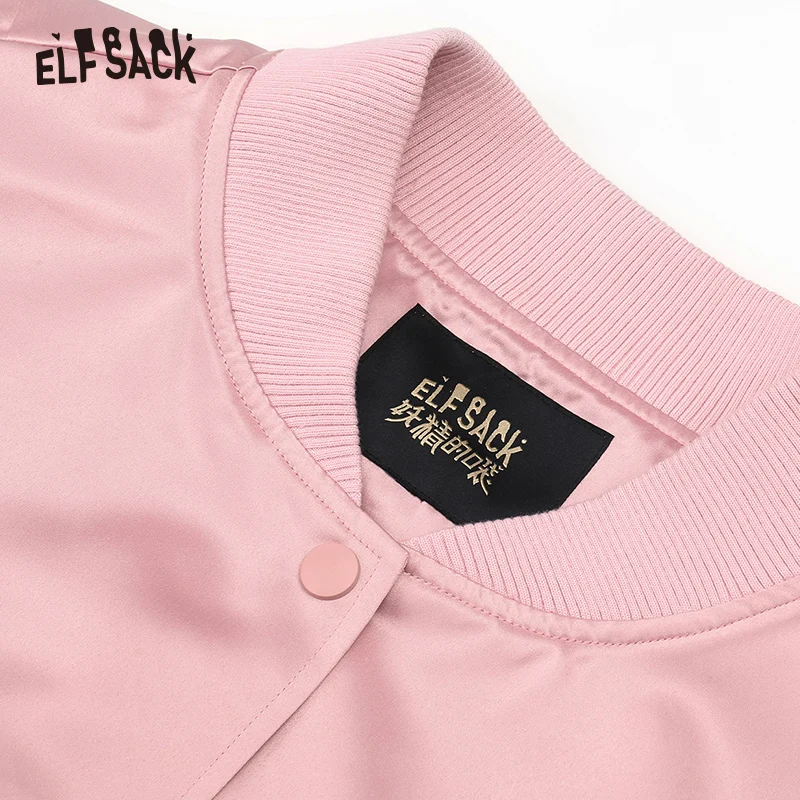 ELFSACK, розовая Повседневная Сатиновая куртка с карманами и буквенным принтом, женская одежда, осень, уличная одежда для бойфренда, женская верхняя одежда