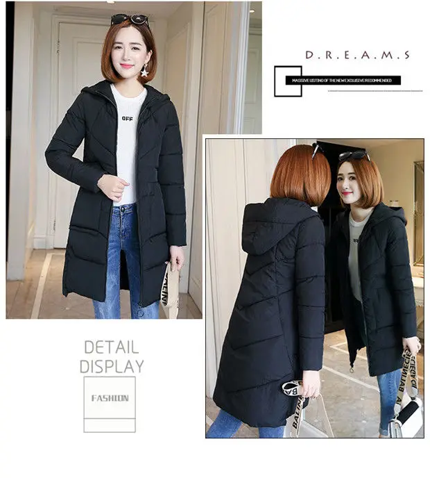 Winter Hooded Thick Warm Jacket Women Casual Cotton Padded Mid Length Coats Korean Snow Wear Overcoats Solid Parka Outwears New