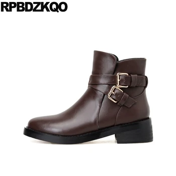 

brown motorcycle winter designer shoes women luxury 2019 ankle block casual round toe chunky biker genuine leather boots belts