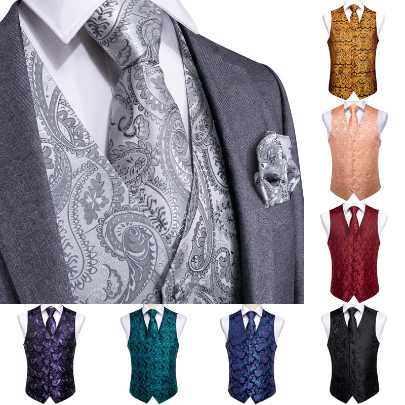 DiBanGu Black Paisley Fashion Wedding Men 100% Silk Waistcoat Vest Ties Pocket Square Cufflinks Set for Suit Tuxedo MJTZ-109
