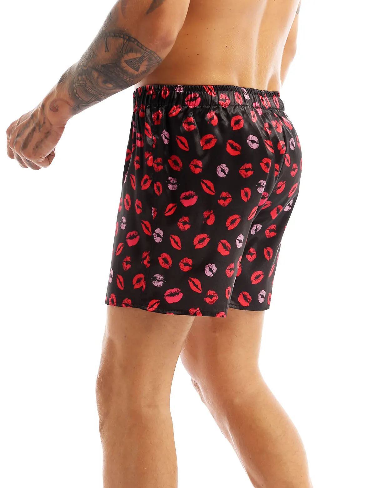 Men Silk Satin Boxer Shorts Summer Lip Love Heart Print Loose Lounge Sports Shorts Pajamas