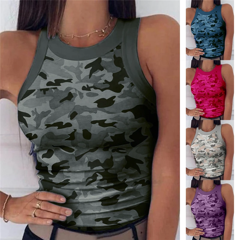 Camouflage Print Summer Women's Vest Sleeveless Slim fitting Lady Vest Women's O Neck Casual