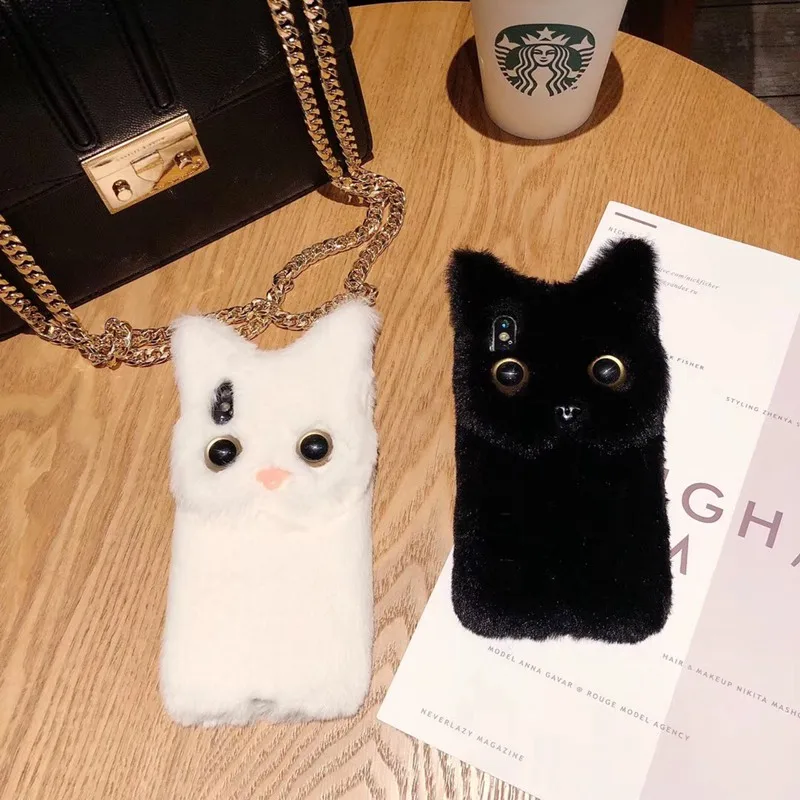 Tfshining Winter Plush Cute Cat Phone Case For Apple iphone X XS Max XR 8 7 6 6S Plus Soft Silicone TPU Full Hair Fur Case Coque (2)