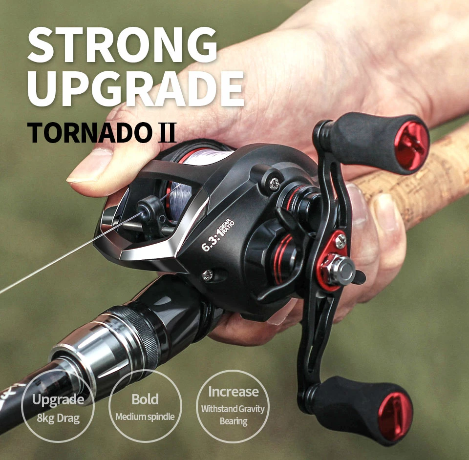 

Updated TORNADO II Baitcasting Reel 6.3:1 Fishing Reels 8KG Max Drag Left Right Hand Carp Fishing Reels High Speed Fishing Reels