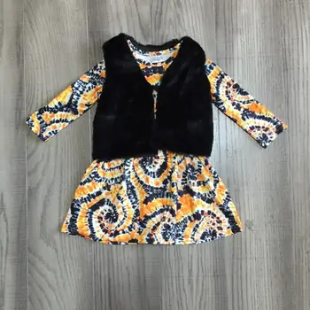

girlymax set baby girl fall winter clothes girls black plush vest coat baby girl tie dye dress