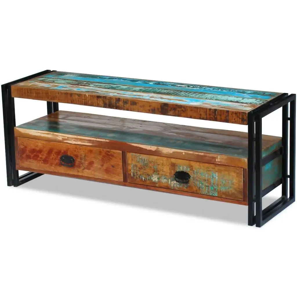 

VidaXL TV Cabinet Recycled Solid Wood TV Stands Table Living Room Home Furniture Mid Century Tv Mount Stand 2 Drawers Storage