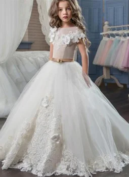 

Cap Sleeves Flower Girl Dresses For Weddings Ball Gown Tulle Appliques Bow First Communion Dresses For Little Girls