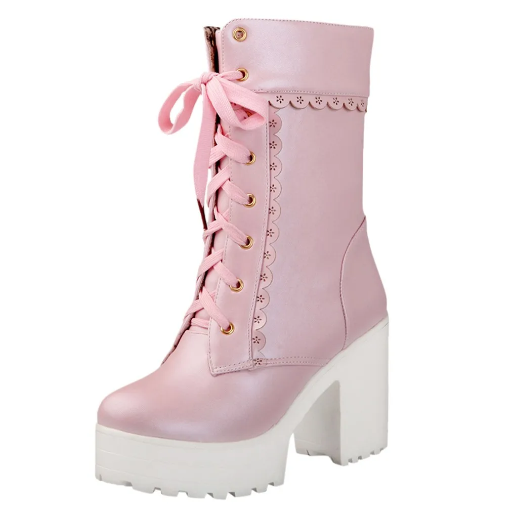 Women's Lace Tie High Heel Shoes Sweet Lady Platform High Heel Boots bottes femme#y3 - Color: White