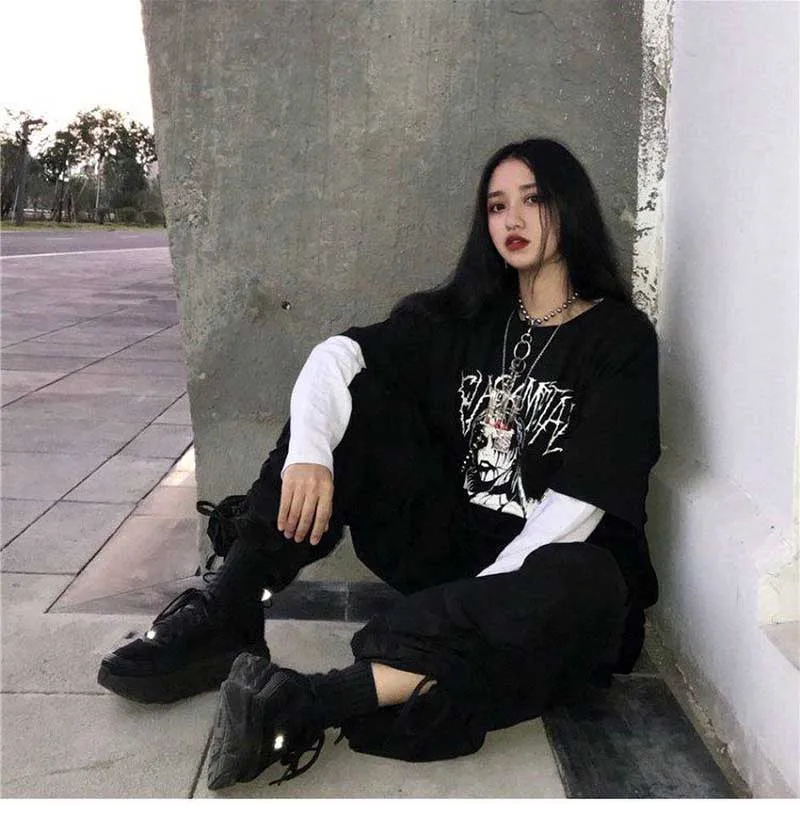 NiceMix Harajuku, Темная футболка с мультяшным принтом, Поддельные 2 штуки, пэчворк, Повседневная футболка с длинным рукавом, женская и Мужская Уличная одежда, топы