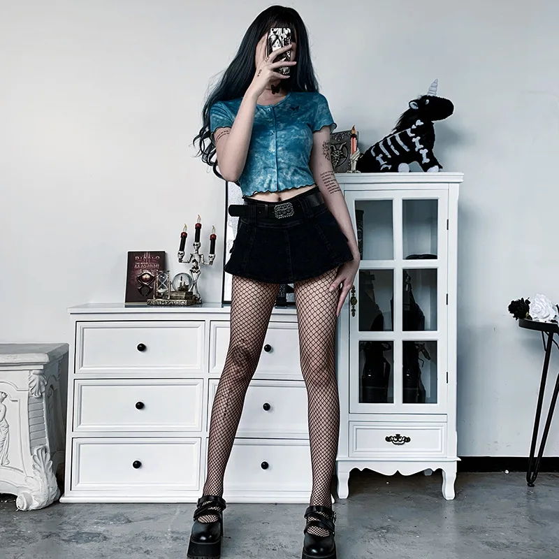 Blue Tye Die T Shirt Women Streetwear Harujuku Embroidery Butterfly Crop Top Button Tee Shirt Femme 90s Gothic Korean Clothes