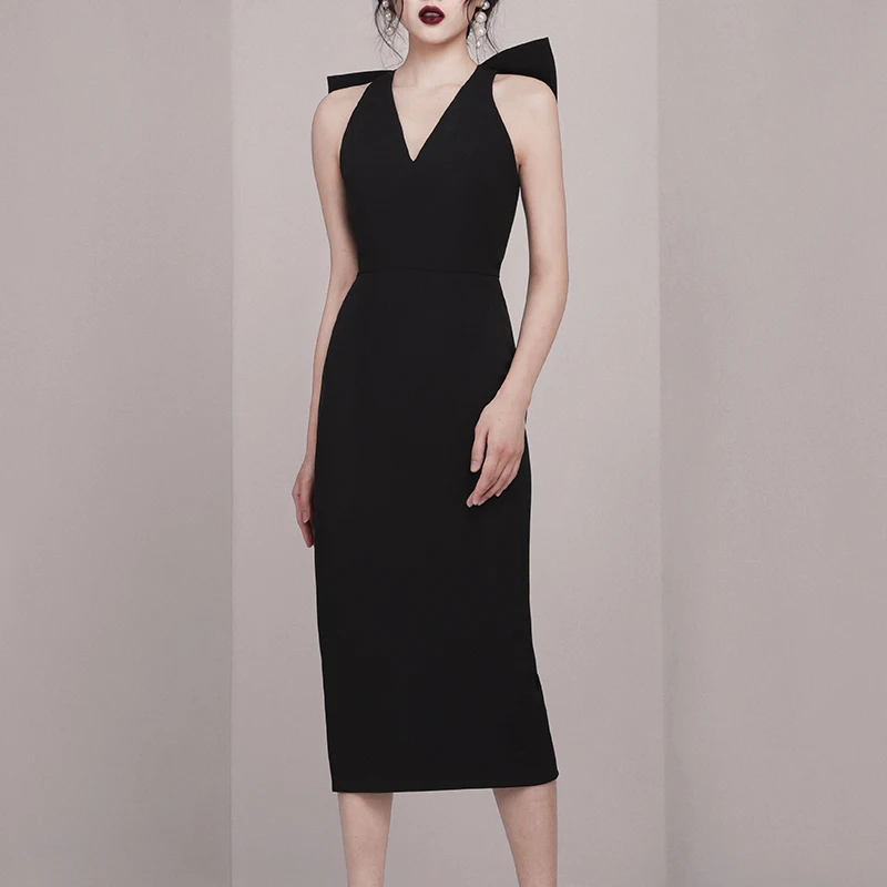 Max Spri приталенное платье миди с v-образным вырезом и бантом, с открытой спиной,, новая мода, без рукавов, для офисных леди, женские вечерние платья черного цвета