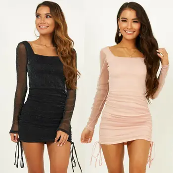

Women Sexy Long Sleeve Sequin Mini Party Evening Bodycon Dress Solid Square Neck Summer Bright Silk