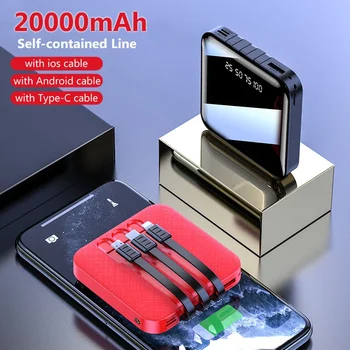 

20000mAh Mini Powerbank External Battery Charger Digital LED Mirror Screen Power Bank Self-contained 3 USB Line Charging Cable