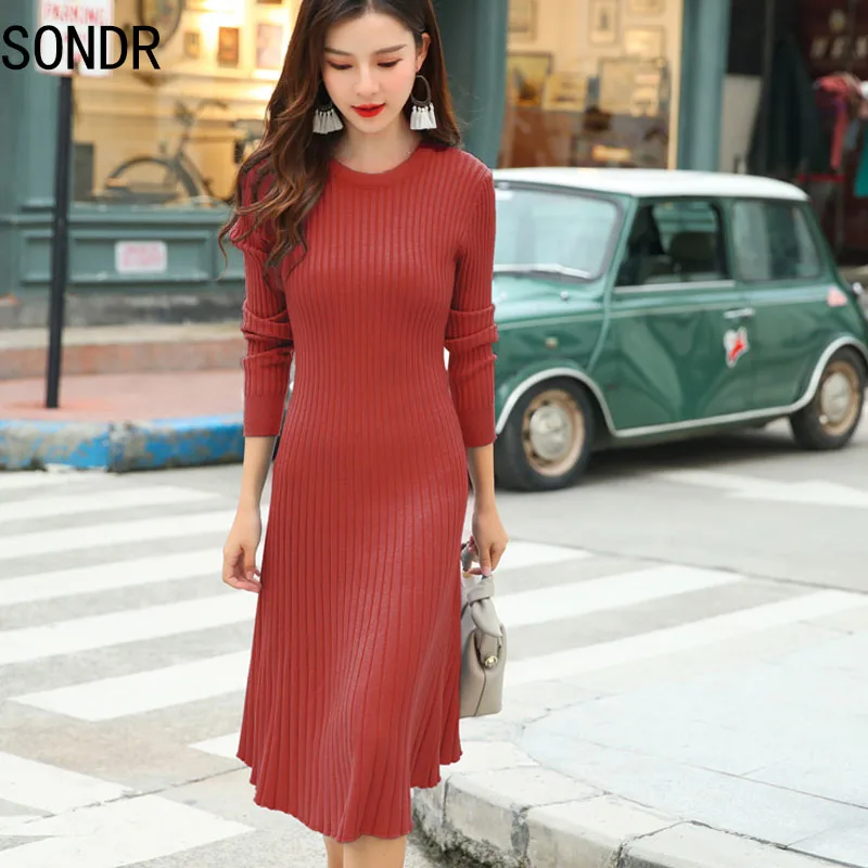 

Fashion Women Knit Dress Sweater Dress Women Korean Elegant Woman Pleated Bodycon Dress Plus Size Long Sleeve Midi Dress Woman