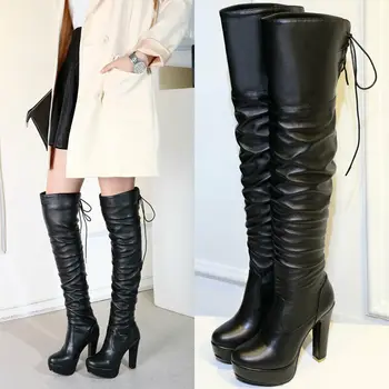 

Women High Block Heel Lace Up Over Knight Knee High Platform Boots Casual Shoes