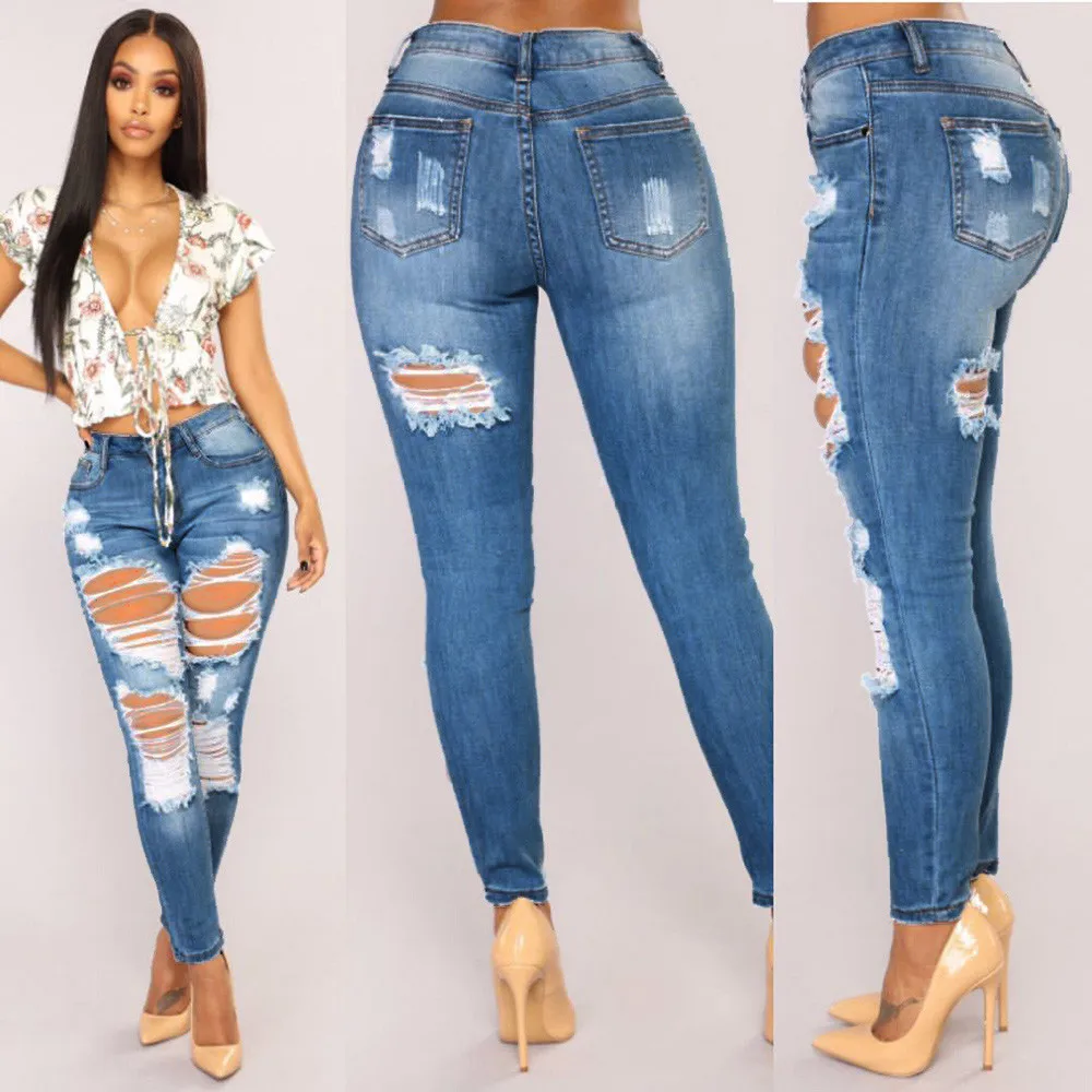 Женские джинсовые обтягивающие рваные брюки с высокой талией, Стрейчевые рваные джинсы, узкие брюки-карандаш, модная уличная одежда