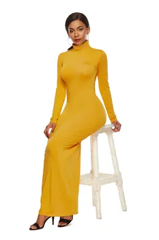 

Yellow Autumn Turtleneck Slim Ankle Length Bodycon Dress Solid Casual Package Hip Dress 5 Colors Pencil Long Dress Women Vestido