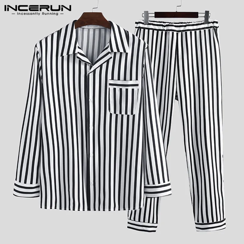 INCERUN, модный мужской женский полосатый Пижамный костюм с длинным рукавом, весна-осень, удобная повседневная домашняя пижама, мешковатая одежда для сна для пары