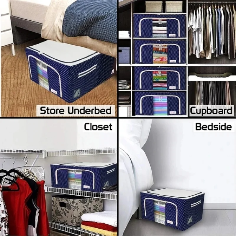 Oxford Fabric Clothing Storage Box with Steel Frame Folding Bag Clear Window Zipper for Clothes Bed Sheets Blanket with Handles 5