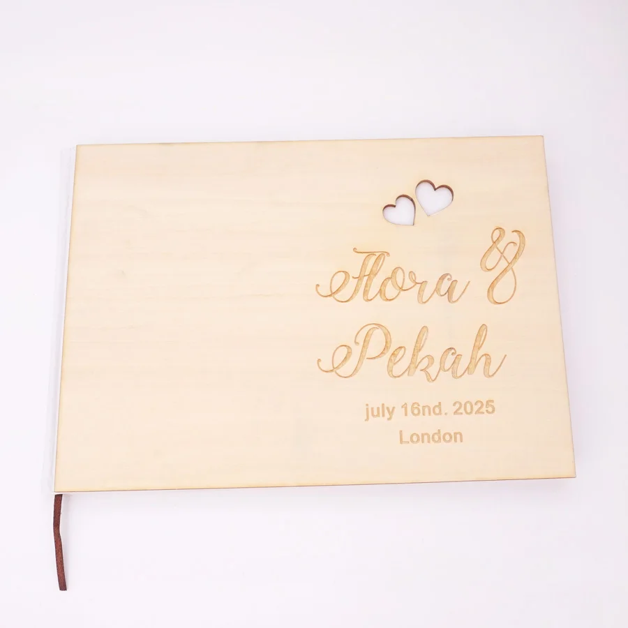 25x18 см персонализированные пользовательские выгравированное имя и дату свадьбы книга для подписей посетителей деревянной крышкой Белая