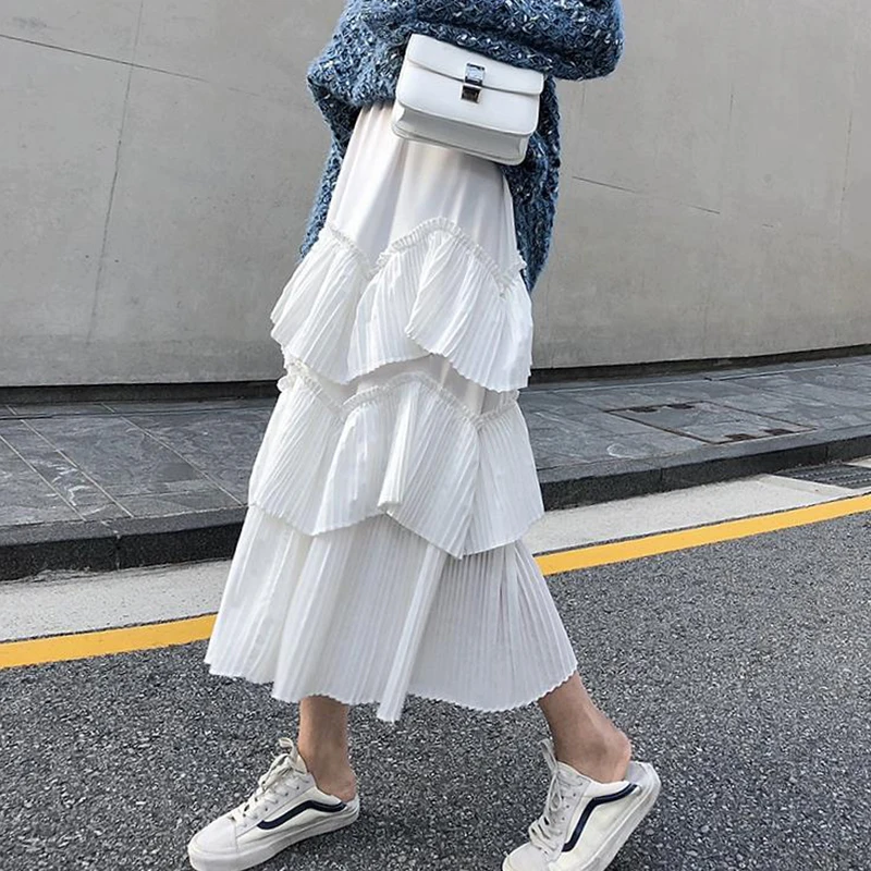 Весна-Осень, плиссированная юбка с оборками, женская модная длинная многослойная юбка с завышенной талией, Женская юбка трапециевидной формы, yy103
