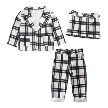

Kids Baby Girls Outfit Clothes Plaid Long Sleeve Coat+Tops+Pants 3PCS Wedding Party Fashion Casual Suit Set For 2-6T Children