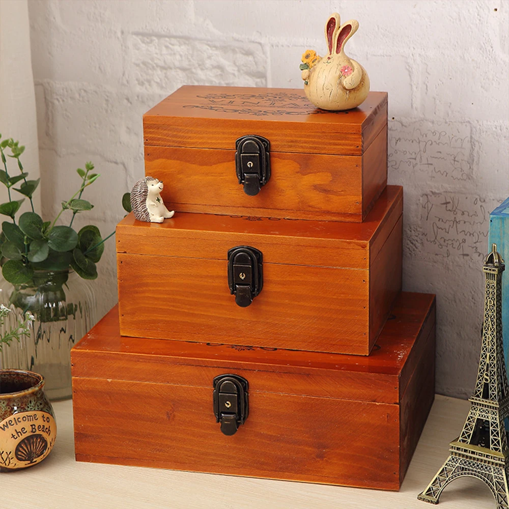 Vintage Wood Storage Box with Lock Retro Wooden Boxes Holder Home